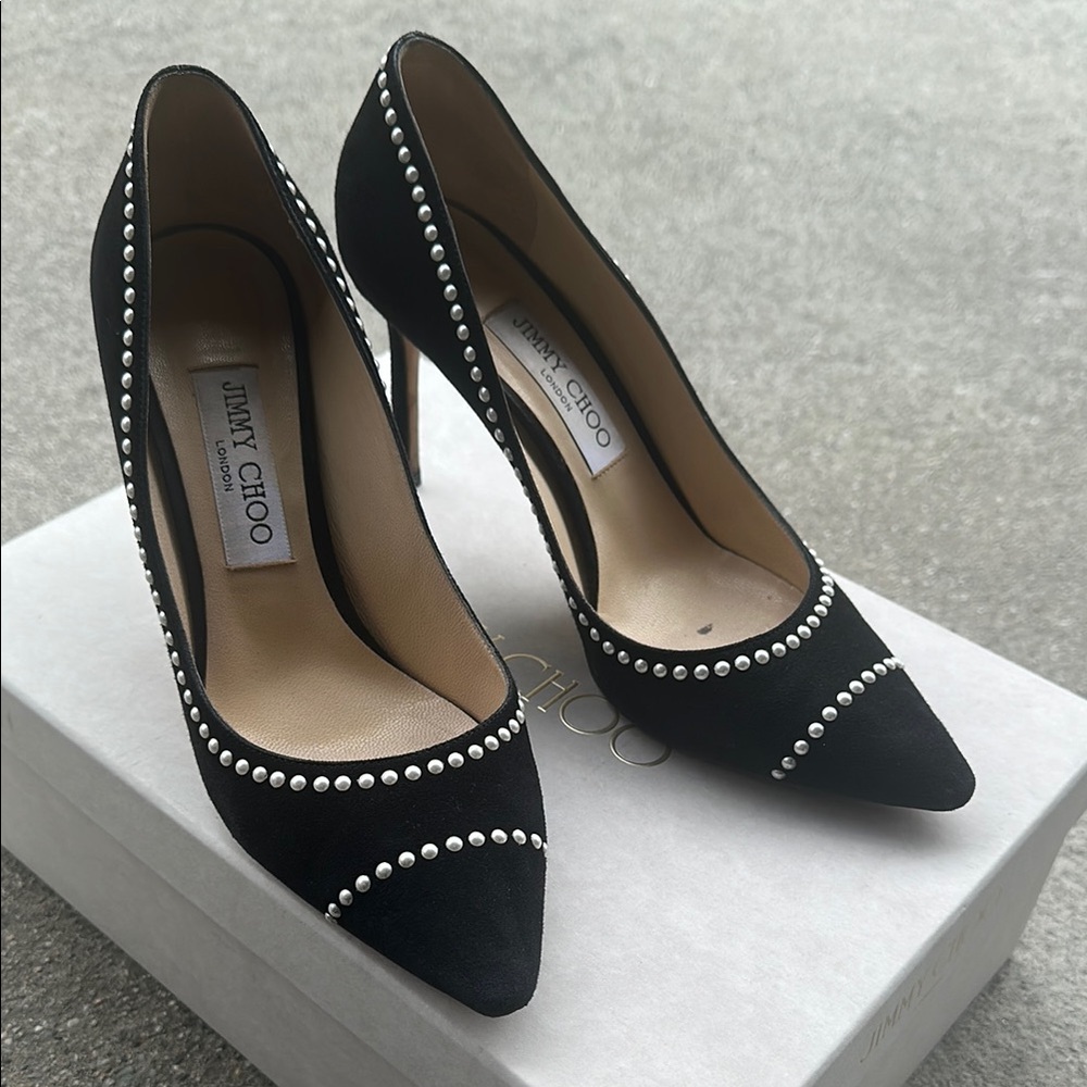 Jimmy Choo Romy Black Suede Heels with Pearls